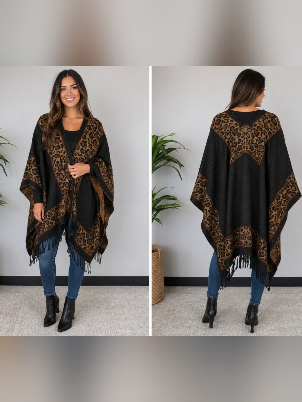 CEJON Leopard Print Fringe Poncho Cape Shawl Wrap One Size Boho Cozy